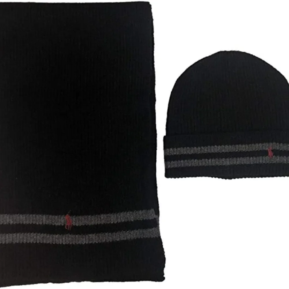 Polo Ralph Lauren Men's Black 2 Piece Set Hat & Scarf Lambswool Blend